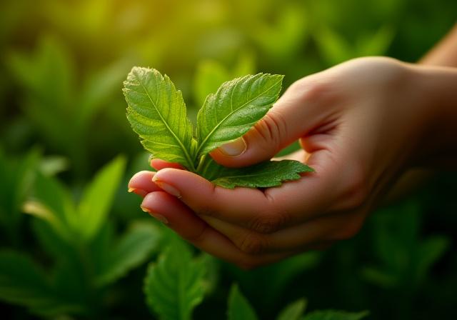 Mani che raccolgono ingredienti naturali in un ambiente lussureggiante, simbolo di sostenibilità e cura della natura.